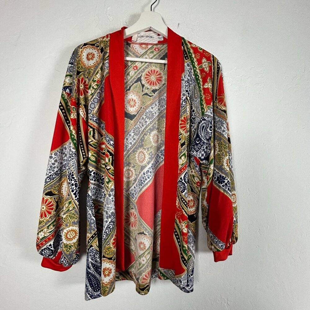 Tori Sport Womens Kimono Cardigan Jacket Medium Multicolor Paisley Floral Print